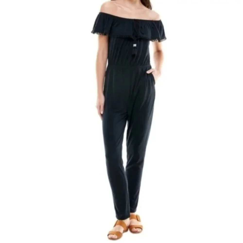 Planet Gold Black Off-Shoulder Jumpsuit